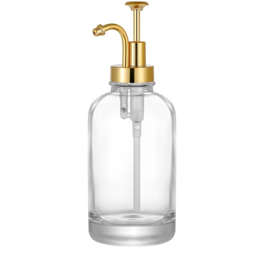 Thick clear glass jar soap dispenser with gold pump.